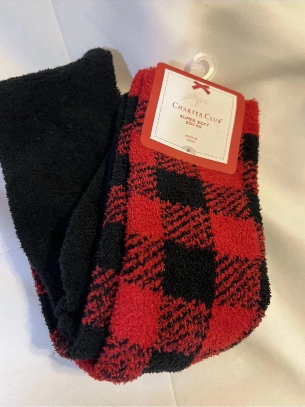 Charter Club Women's 2-Pk. Fuzzy Super Soft  Socks, Buffalo Check Black/Red $20
